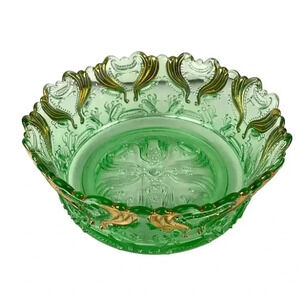 VTG Idyll Pattern Jefferson Pressed Glass Bowl Green Gold Accent